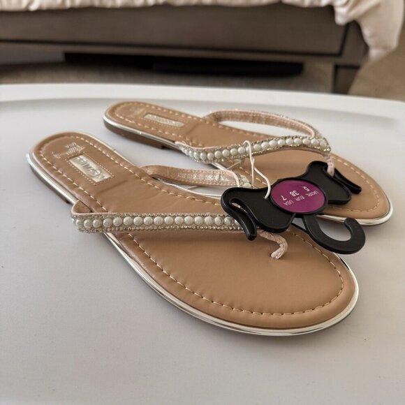 Primark Womens SILVER WITH RHINESTONE Faux Leather Beaded Accent Sandals 7 - Picture 1 of 5